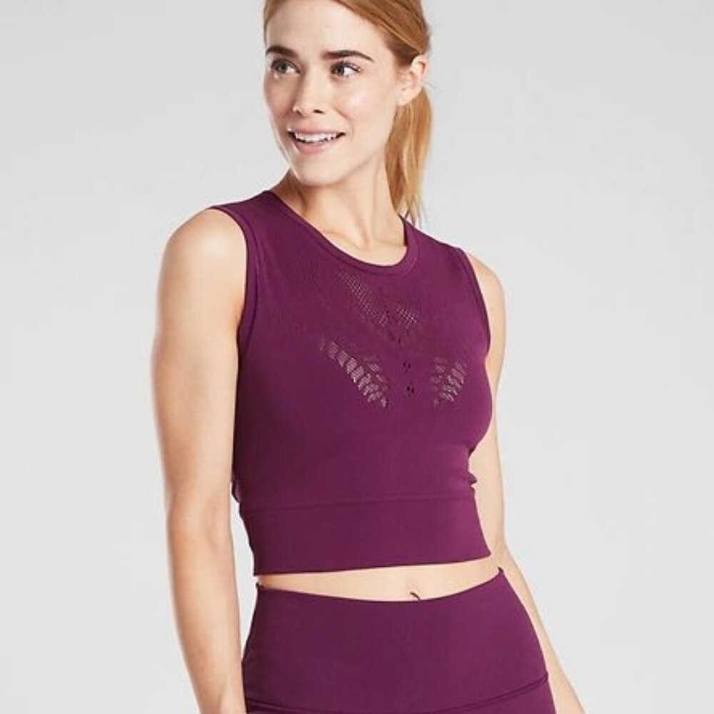 Athleta Ujjayi Crop Tank Workout Top Purple Mesh Yoga Fitness